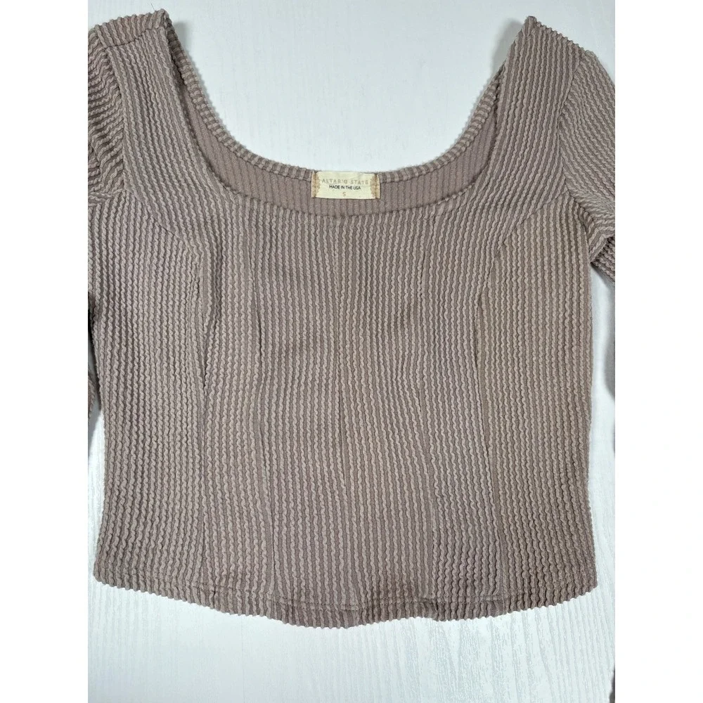 Altar'd State Alina Mauve Ribbed Bell Sleeve Square Neck Crop Top Festival Boho